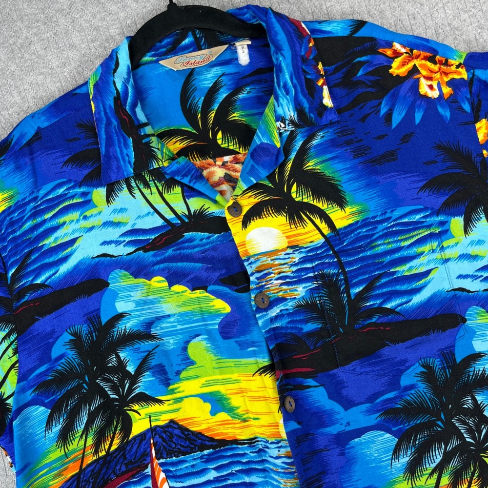 Vintage‎ Sunny Island Hawaiian Shirt Men L Blue Tropical Sunset Rayon Button Up